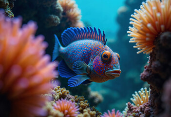 Obraz premium Dragonet Fish: A Mandarin Dragonet weaving through a dense coral reef, as light from the surface glows down, casting dramatic, shimmering highlights.
