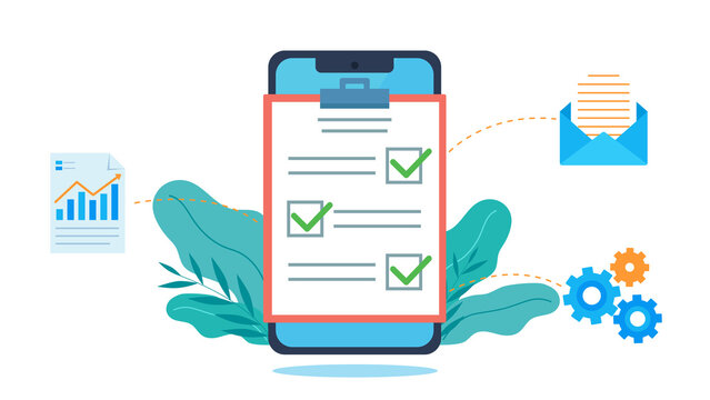 Illustration in flat design style. Notepad with checklist on phone screen. Each answer has icons of email, document with chart and gears. Each answer is marked correctly. 