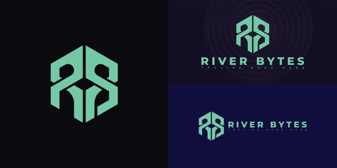Obraz premium Modern hexagon vector initial letter RB or BR logo in green color isolated on black background colors. The logo is suitable for software development service logo design inspiration templates.