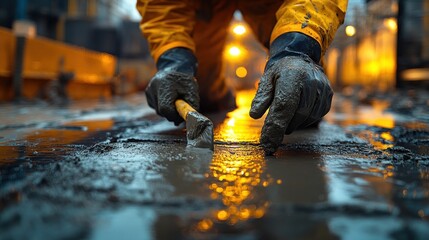 Construction worker inspecting wet concrete