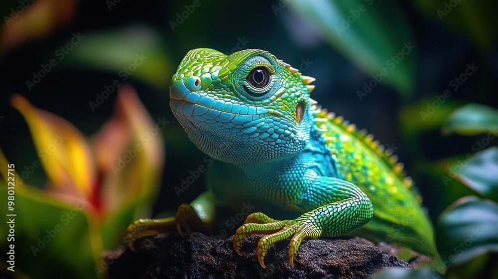 Wall mural green and blue lizard close-up