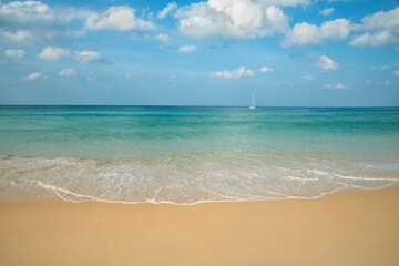 Beautiful tropical landscape sea view with splashed waves. Sea and ocean energy. Relaxation and nature. Space for text