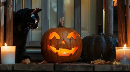 Fototapeta premium Black Cat and Jack-o'-lantern with Copy Space on Candlelit Porch Background