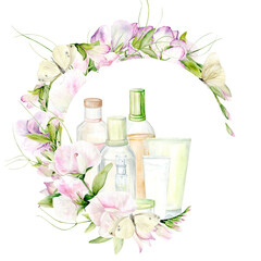Cosmetics set and fragrant pea flowers. Watercolor Clip Art on a white background. The illustration is hand drawn in pastel colors. Suitable for card designs, textiles and scrapbooking.