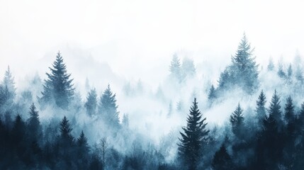 Fototapeta premium Misty Spruce Forest with Tall Trees Disappearing into Fog