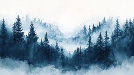 Misty Spruce Forest with Tall Trees Disappearing into Fog