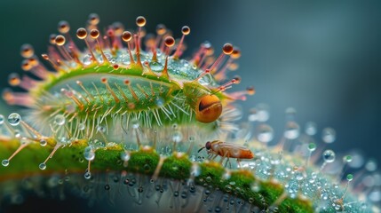 Naklejka premium Macro Photography of a Sundew Plant with Dew Drops