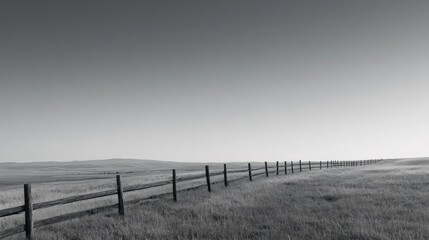 Minimalist scene of a simple fence guiding the gaze toward an expansive horizon, embodying tranquility and open space in a serene landscape.