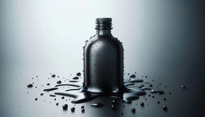 A sleek black bottle surrounded by droplets of water, perfect for highlighting beauty, fragrance, or skincare products in a clean and modern aesthetic.