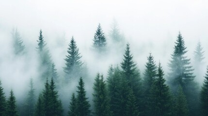Obraz premium Misty Forest Serenity, an ethereal landscape where dense trees emerge from a soft veil of mist, enveloped in tranquil silence, inviting contemplation and peace.