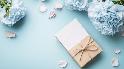 Beautiful light blue carnation flower arrangement with tied string with 'Happy Birthday' inscription, placed on blue pastel background