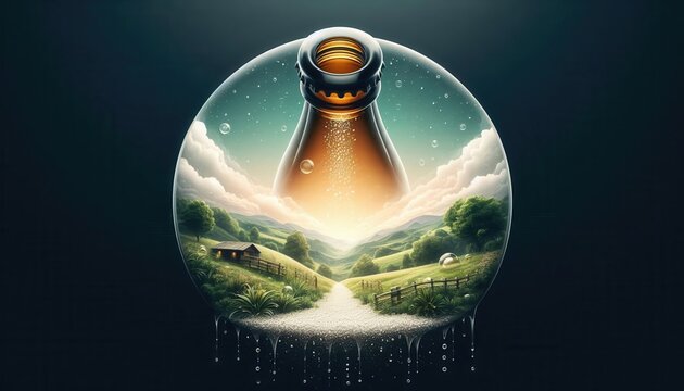 A captivating bottle-shaped illustration encapsulating lush landscapes, symbolizing freshness and nature. Perfect for beverage branding or eco-friendly business concepts.