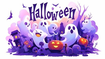 Colorful Halloween scene with playful ghosts, pumpkins, and a spooky backdrop.