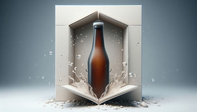 A creative representation of a beverage bottle emerging from a box, symbolizing freshness and innovation. Perfect for marketing and advertising in the food and beverage industry.