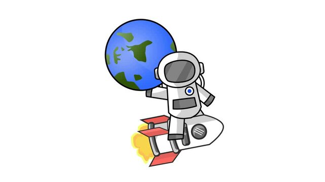 A cute astronaut cartoon character riding a rocket brings the globe Earth Planet animation. Seamless looping. Alpha channel