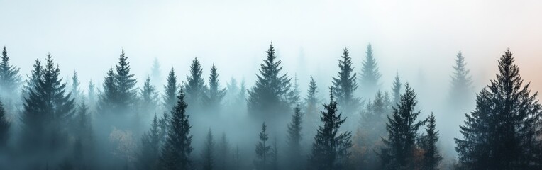Misty Spruce Forest with Tall Trees Disappearing into Fog