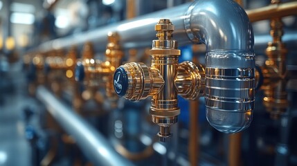 Fototapeta premium Close-up of industrial piping and valves in a facility.