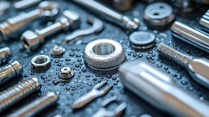 A collection of metallic tools and fasteners with water droplets.