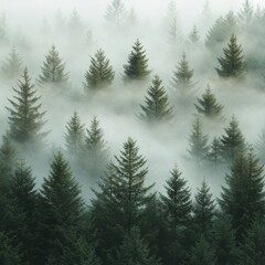 Fototapeta premium Misty Spruce Forest with Tall Trees Disappearing into Fog