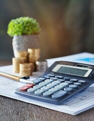 Calculator and financial management spreadsheet with depth of field for efficient budget planning