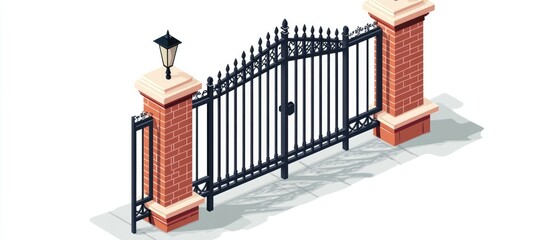 Fototapeta premium Isolated illustration of an iron fence featuring brick columns and a flat style gate with a wicket Depicts metal gates and wrought iron lattice fences for outdoor spaces in isometric projection