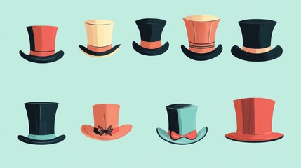 Flat color illustration featuring various top hats