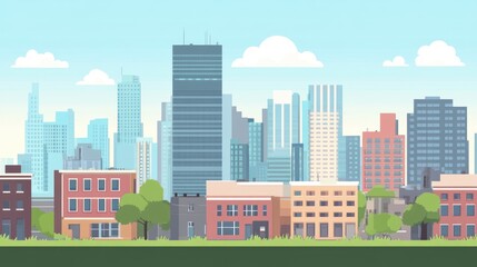 Cityscape featuring buildings skyscrapers and homes depicted in a flat design style