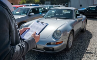 Fototapeta premium Salesman or auto appraiser using a checklist to assess and estimate a car, appraisal vehicle value for sale fix checking and maintenance inspection, asian japanese automobile calculation reading