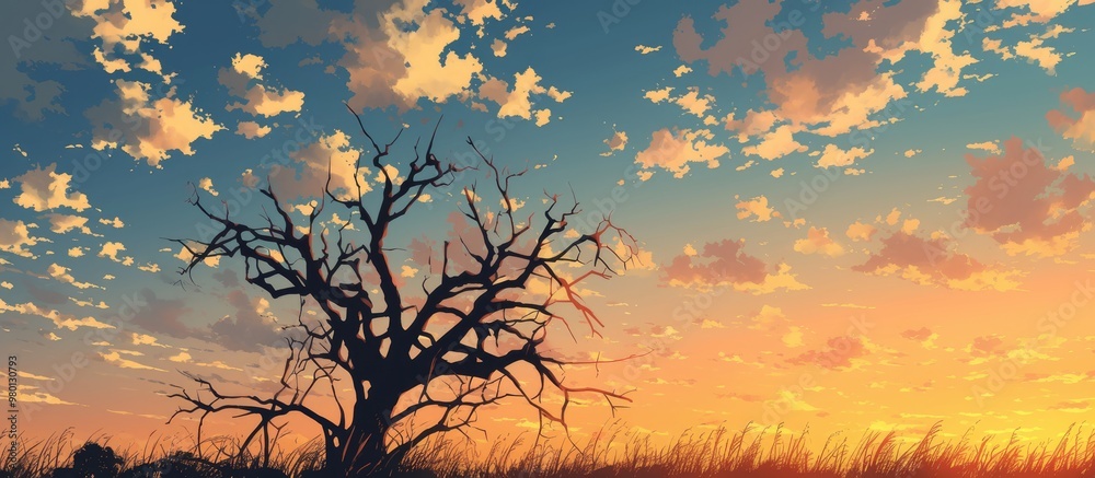 Wall mural Silhouette of a leafless native tree against a backdrop of a sunset and light cloud formations during winter