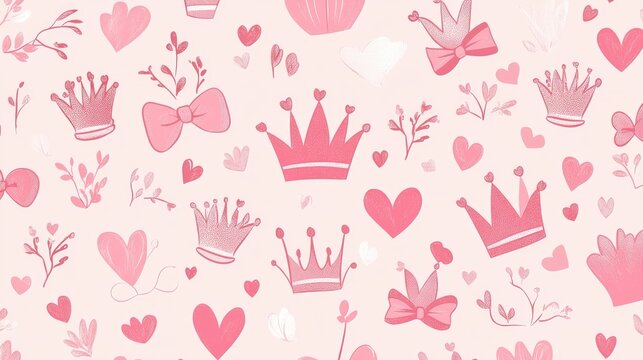 Vector illustration featuring a pink princess pattern ideal for birthday card templates baby shower invites children s wallpaper and fabric design Charming print with crowns bows and hearts