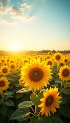 Obraz premium Sunflower field at sunrise with bright yellow flowers and blue sky phone wallpaper