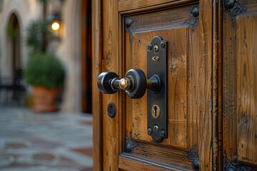 Obraz premium Close up of a magnetic key lock on a wooden door featuring an electronic hotel lock system