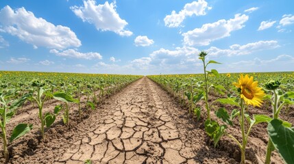 Drought Stricken Sunflower Field with Winding Dirt Path Under Bright Cloudy Sky