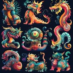 Obraz premium Colorful Dragon Set Mythical Creatures Chinese Zodiac Fantasy Art Illustration