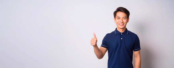 A portrait of a smiling Asian man wearing a navy blue polo shirt.