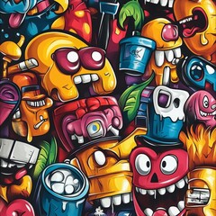 Obraz premium Colorful Abstract Graffiti Art with Cartoon Faces and Characters
