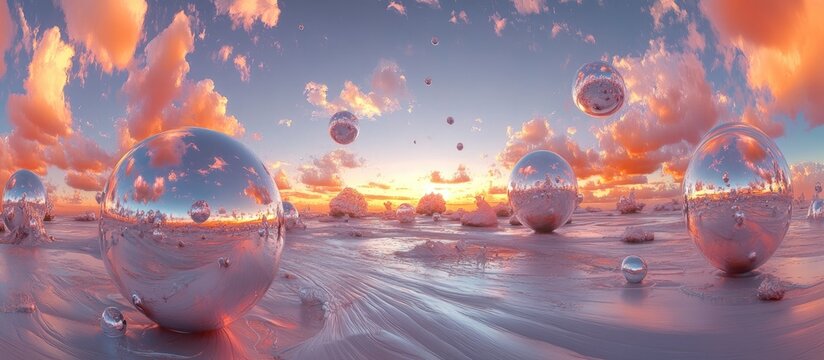 HDRI environment map featuring a spherical panorama background with abstract objects and a stylized sky in a 3D equirectangular illustration