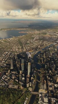 Top aerial drone view of the city of Melbourne overlooking Queensbridge. Australia