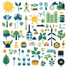 Fototapeta premium Green and Yellow Nature and City Elements Clipart Set