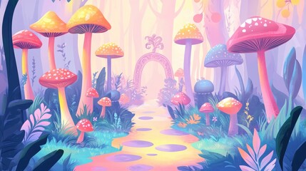 Fantasy Fan Art Featuring A Colorful Mushroom Forest And A Magical Gate Leading To A Fairy Tale Realm