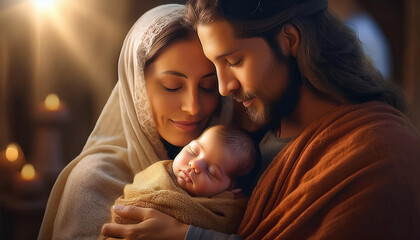 REPRESENTA&Ccedil;&Atilde;O REALISTA DA VIRGEM MARIA E S&Atilde;O JOSE SEGURANDO O MENINO,JESUS 