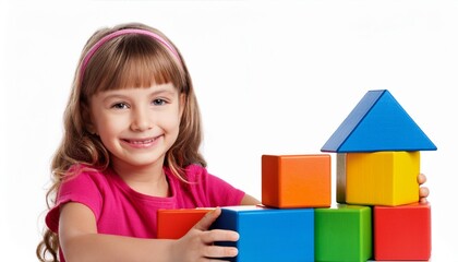 Smiling Child Playing with Colorful Blocks Isolated on White Background, Clipping Path, Full Depth of Field