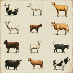 Obraz premium Cow Bull Yak Cattle Illustration Set Vintage Farm Animals Livestock Agriculture Rur