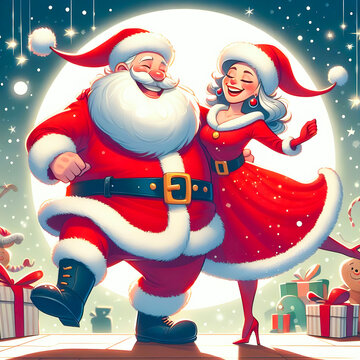 Pap&aacute; Noel abrazando feliz a su amada esposa frente a la gran luna