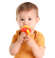 Cute baby with nibbler on white background
