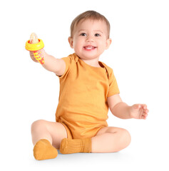 Cute baby with nibbler on white background