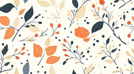 Seamless pattern featuring floral motifs spots leaves branches and doodles with a hand drawn autumn theme