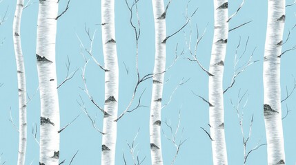 Obraz premium Seamless pattern of birch trees on a blue background