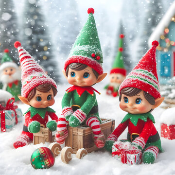Adorables duendes sentados sobre cajas de madera en medio de aldea navide&ntilde;a nevada