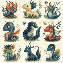 Fototapeta premium Cute Baby Dragons Set Fantasy Illustration